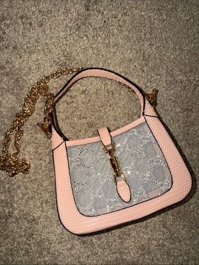 Pink Lace Panel Shoulder Bag with Gold Chain